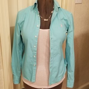Ralph Lauren Oxford Skinny Fit Button Down Aqua Dress Shirt Vintage Size 4